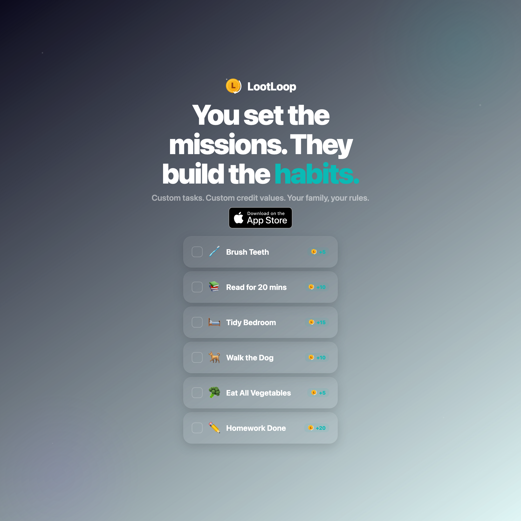 LootLoop app showing missions like Brush Teeth, Read for 20 mins, Tidy Bedroom